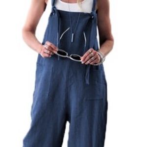 NWOT blue cotton overalls with pockets and ties.